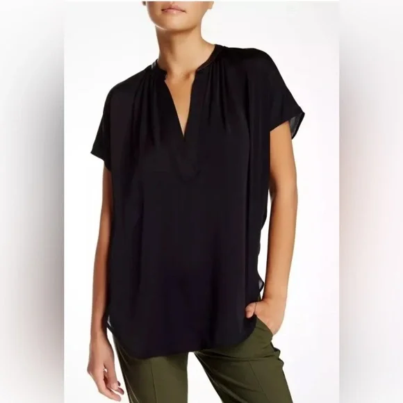 Vince Leather Trim Placket Silk Cap Sleeve Top Black - Picture 8 of 8